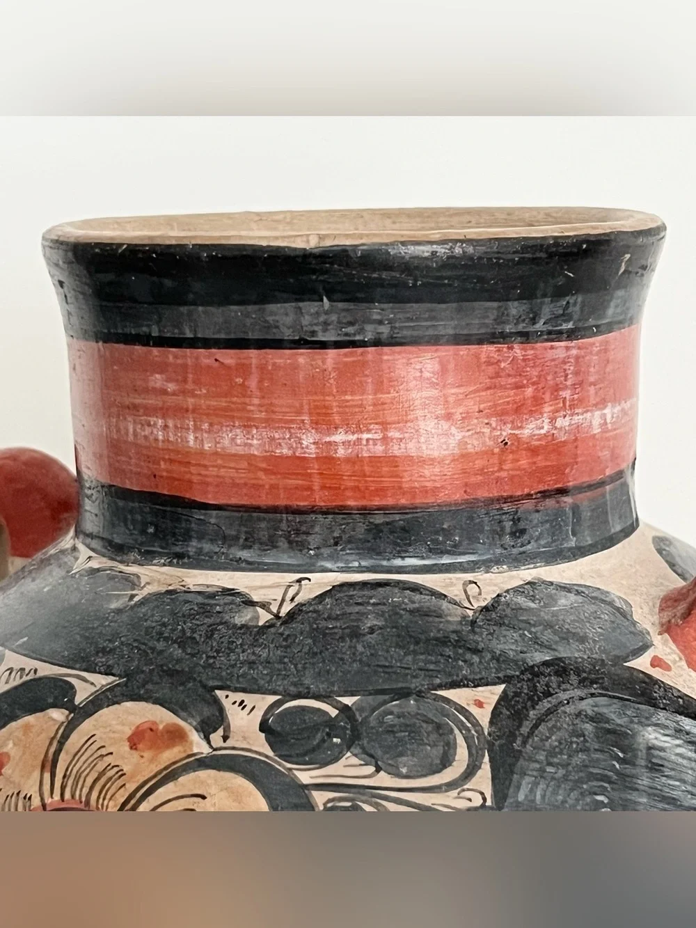 Vintage Mexican Tonala Hand Painted Pottery Vase w/Handles Floral Black Orange